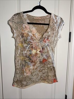 Tan Floral V-Neck Short Sleeve Tee with Accent Prints
